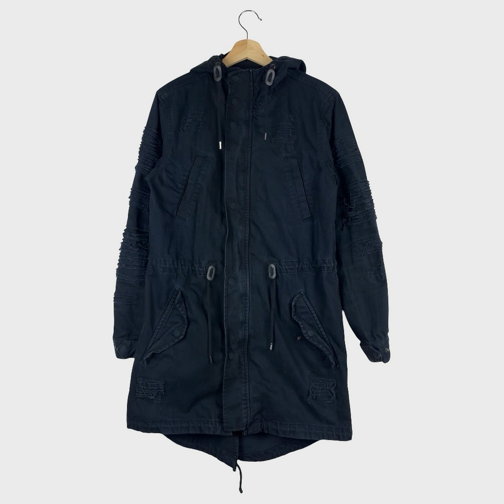 WT02 Black Distressed Longline Hooded Parka Jacket